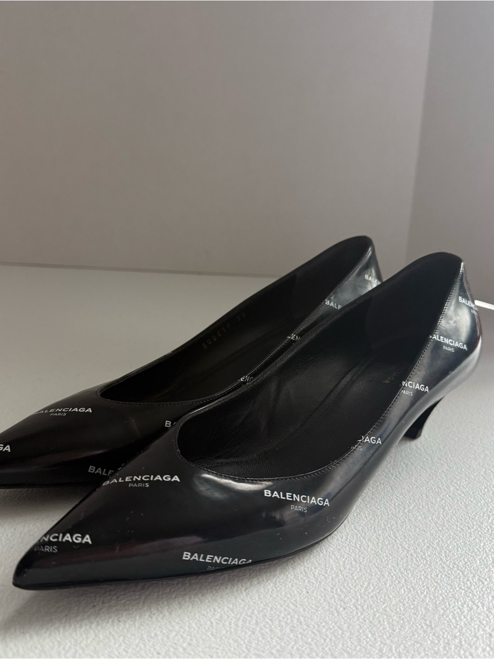 Balenciaga Logo Print Pointed Toe Kitten Heel Pumps